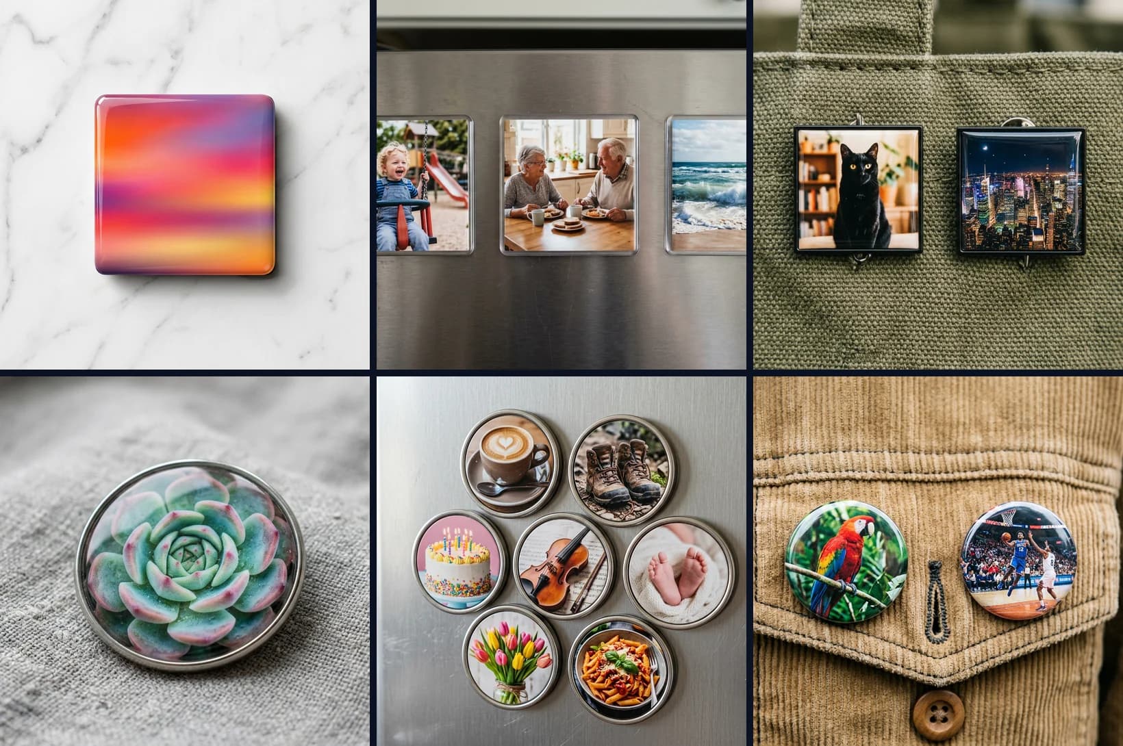 GOTDY square and circle photo magnets — varied moments on marble, fridge, and fabric