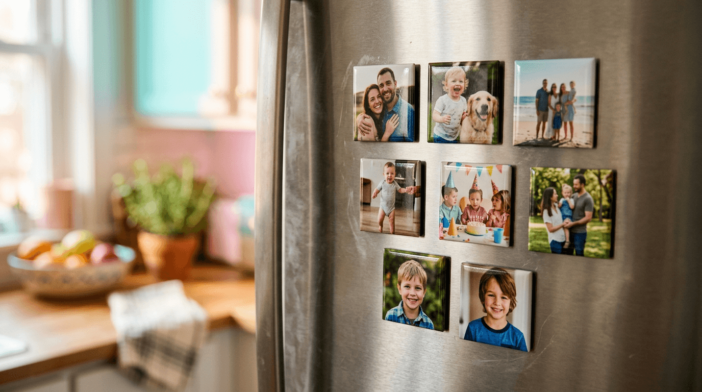 Square photo magnets on a refrigerator