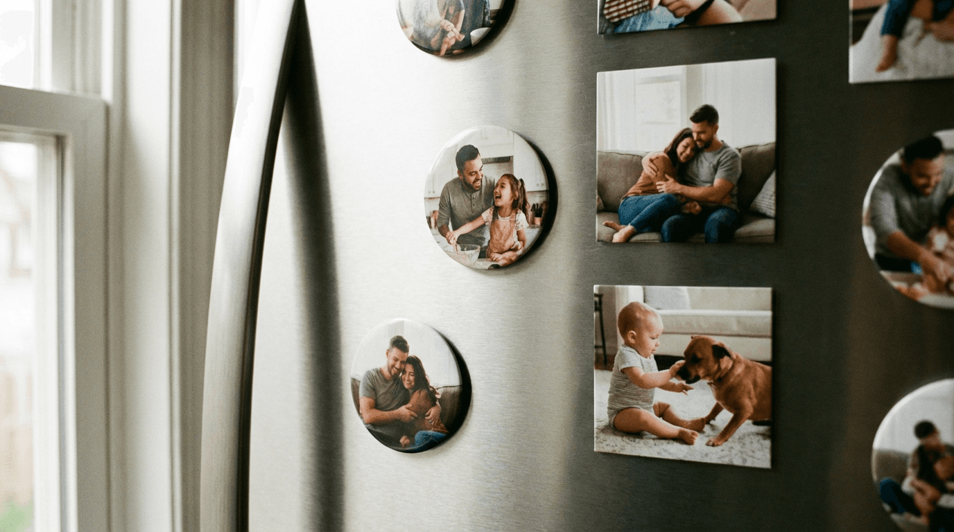 Family photo magnets on a fridge